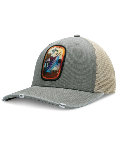 Guy Harvey Men's Sublimated Dominica Patch Distressed Trucker Hat In Charcoal Heather