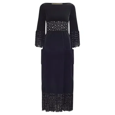 Pre-owned Guy Laroche 1970s  Haute Couture Black Velvet Dress With Tassels