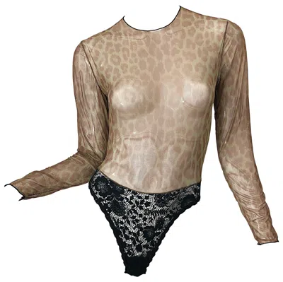 Pre-owned Guy Laroche 1980s  Leopard Print Sheer Black Lace One Piece Vintage 80s Bodysuit