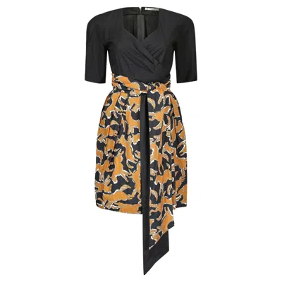 Pre-owned Guy Laroche 1980s  Novelty Horse Print Cotton Dress In Black