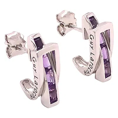 Pre-owned Guy Laroche Amethyst Designer Huggie Earrings 18k White Gold
