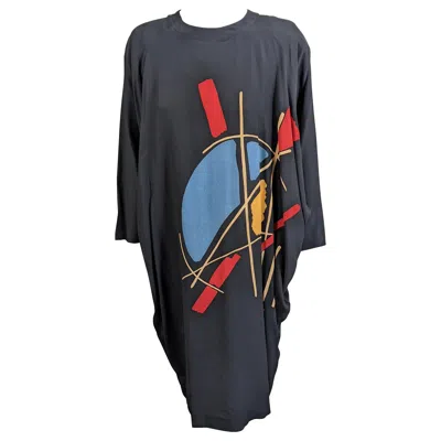 Pre-owned Guy Laroche Batwing Silk Crepe Graphic Print Dress In Black