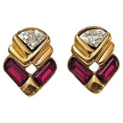 Pre-owned Guy Laroche Geometric Gold-tone Runway Earrings With Red And Clear Stones
