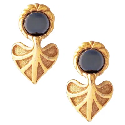 Pre-owned Guy Laroche Gilded Art Deco Leaf Earrings With Hematite Cabochons By , 1980s In Multi