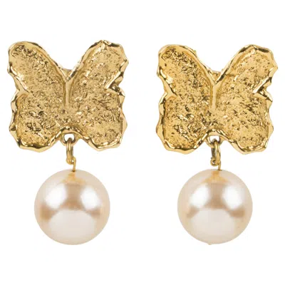 Pre-owned Guy Laroche Gilded Metal Butterfly Clip Earrings With Pink Pearl