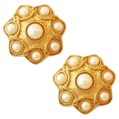 Pre-owned Guy Laroche Gilt Seven Point Domed Statement Earrings With Pearl Cabs By , 1980s In Multi