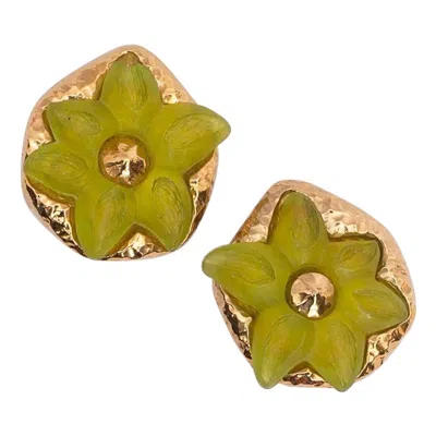 Pre-owned Guy Laroche Golden Metal Clip-on Earrings With Yellow Resin