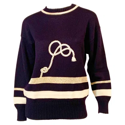 Pre-owned Guy Laroche Nautical Navy Blue Sweater With White And Metallic Gold Accents