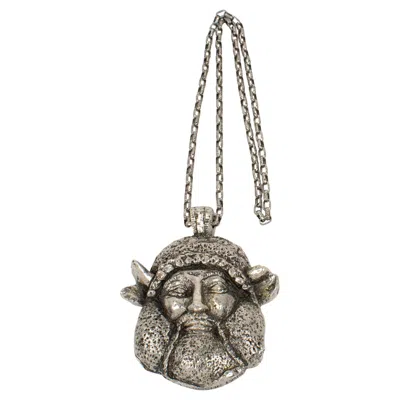 Pre-owned Guy Laroche Paris Massive Silvered Resin Viking God Medallion Necklace In Multi