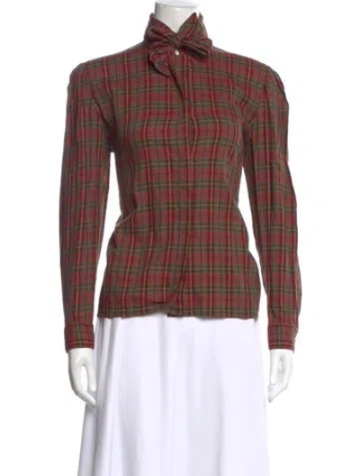 Pre-owned Guy Laroche Plaid Print Tie Neck Top