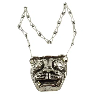 Pre-owned Guy Laroche Silvered Resin Lion Head Medallion Chain Necklace In Multi