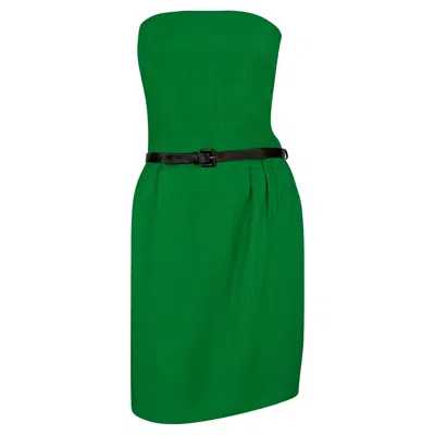 Pre-owned Guy Laroche S/s 1989  Haute Couture Belted Green Silk Strapless Flare Dress