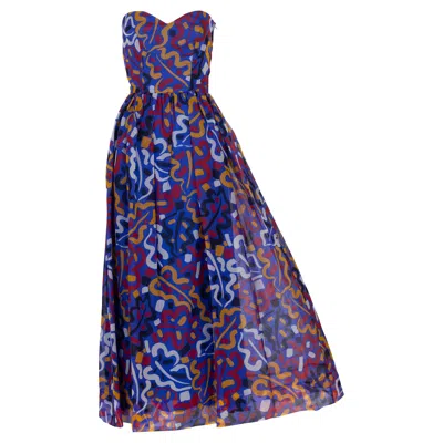Pre-owned Guy Laroche Vintage  Organza Print Strapless Maxi Dress & Jacket Set In Purple