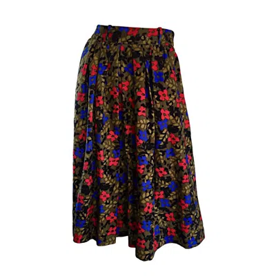 Pre-owned Guy Laroche Vintage  Pleated Wool Skirt W/ Flowers + Leaves Made In France In Black