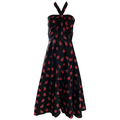 Pre-owned Guy Laroche Vintage  Size 44 Black + Red Oriental Themed Cotton Halter Sun Dress