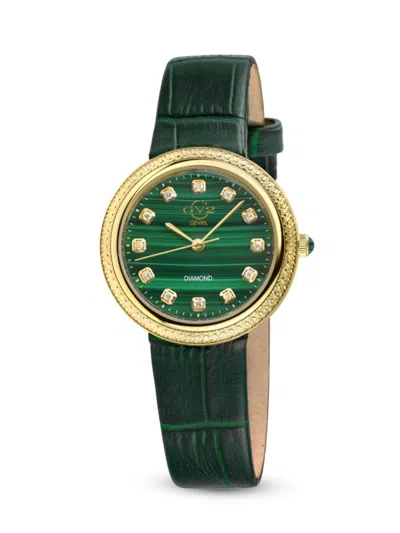 Gv2 Arezzo 33mm Ip Yellow Goldtone Stainless Steel, Malachite, Diamond & Leather Strap Watch