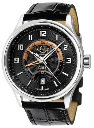 Pre-owned Gv2 By Gevril Men's 42300 Giromondo Black Dial Black Leather Date Swiss Watch