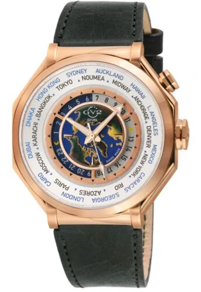 Pre-owned Gv2 By Gevril Men's 42434 Marchese Worldtimer Rose-gold Ip Leather Swiss Watch