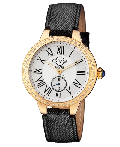 Gv2 By Gevril Women's Astor Swiss Quartz Diamond Accents Black Genuine Leather Strap Watch 40mm In Silver