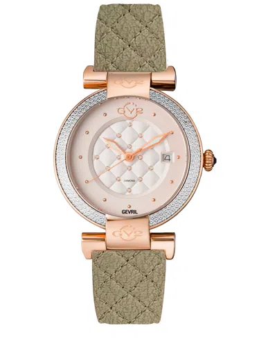 Gv2 By Gevril Women's Berletta Swiss Quartz Diamond Accents Olive Green Apple Peel Italian Faux Leather Strap Watc In Black