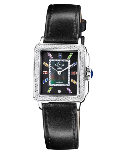 Gv2 By Gevril Women's Padova Gemstone Swiss Quartz Diamond Accent Black Hand Made Italian Leather Strap Watch 27mm In Silver