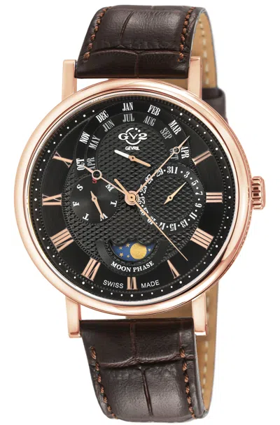 Gv2 Men's Maestro Iprg Case, Black Textured Dial, Dark Brown Handmade Italian Leather Strap.