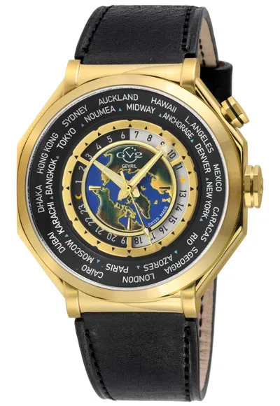 Gv2 Men's Marchese 4 Time Zones Ipyg Case, Black/gold Dial, Genuine Italian Black Leather Strap