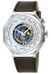 Gv2 Men's Marchese 4 Time Zones Ipyg Case, Silver Dial Watch, Brown Handmade Italian Leather Strap