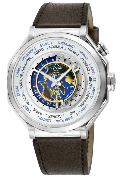 Gv2 Men's Marchese 4 Time Zones Ipyg Case, Silver Dial Watch, Brown Handmade Italian Leather Strap