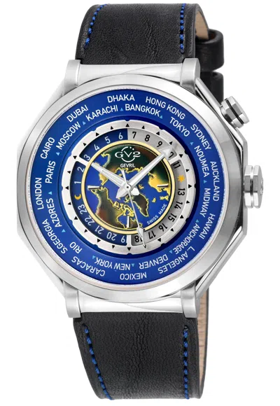 Gv2 Men's Marchese 4 Time Zones Stainless Steel Case, Blue Dial, Genuine Italian Blue Leather Strap With