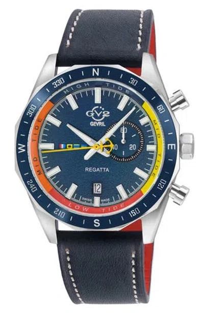 Gv2 Regatta Stainless Steel Swiss Quartz Leather Strap Watch, 42mm In Blue