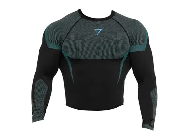 Pre-owned Gymshark Men's  Onyx 5.0 Seamless Long Sleeve Muscle Fit T-shirt In Black/brand Blue