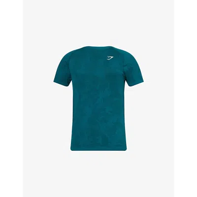 Gymshark Mens  Geo Seamless Logo-embroidered Woven T-shirt In Gs Mtvt Tel/gs Strg Teal