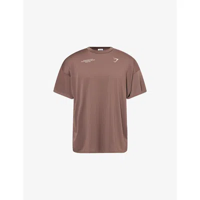 Gymshark Mens Gs Walnut Brown Conditioning Club Oversized Text-print Woven T-shirt Xs