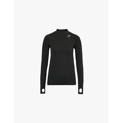 Gymshark Womens Black Marl Vital Seamless 2.0 1/2 Zip Stretch-woven Top Xs