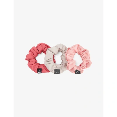 Gymshark Brand-tab Stretch Recycled-polyester Scrunchies Pack Of Three In Vntg Pnk/cls Pnk/stn Pnk