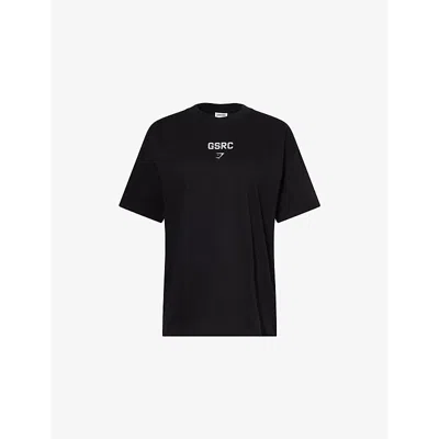 Gymshark Womens Gs Black Running Graphic Oversized Cotton-jersey T-shirt Xs