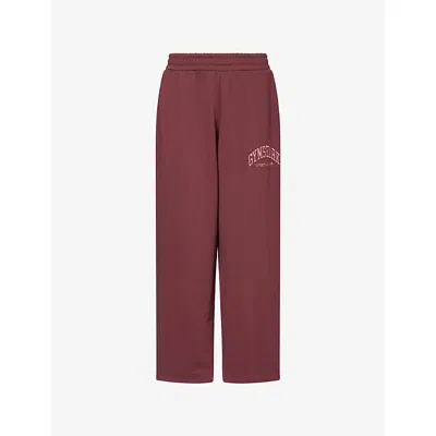 Gymshark Womens Gs Rich Maroon Collegiate Graphic Straight-leg Cotton-blend Jogging Bottoms In Brown