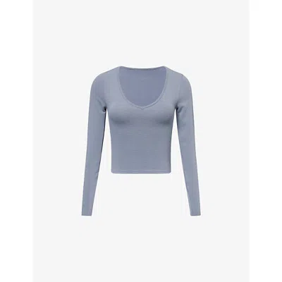 Gymshark Womens Iron Blue Waffle Long-sleeve Jersey Top