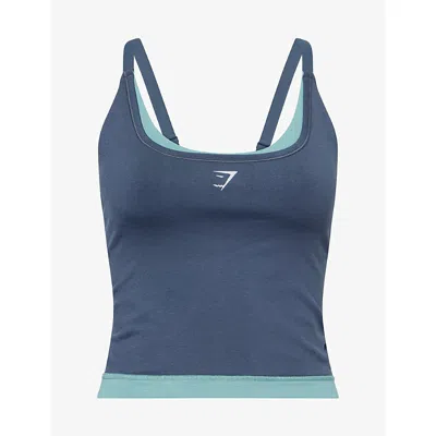 Gymshark Womens Stealth Blue/storm Blue Interval Seamless Midi Jersey Tank Top Xs