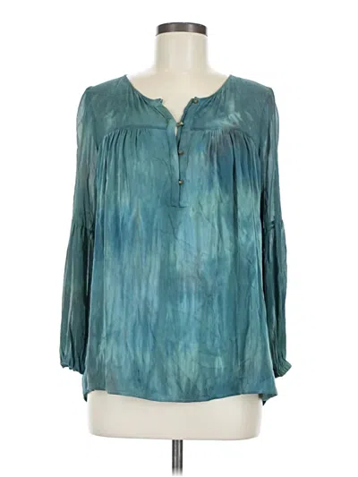 Pre-owned Gypsy 05 Long Sleeve Silk Top Teal Keyhole Neckline Tops In Blue