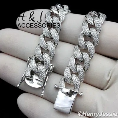 Pre-owned H&j Jewelry 24"men 925 Sterling Silver 12mm Bling Cz Miami Cuban Curb Chain Necklacesn21 In White/colorless