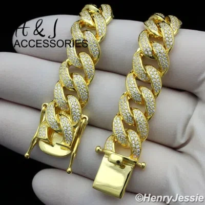Pre-owned H&j Jewelry 24"men 925 Sterling Silver 12mm Gold Plated Icy Cz Miami Cuban Curb Necklaceg12 In White/colorless