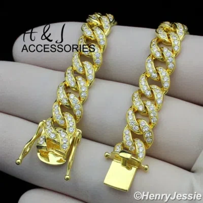 Pre-owned H&j Jewelry 24"men 925 Sterling Silver 8mm Gold Plated Icy Cz Miami Cuban Curb Necklacegn11 In White/colorless