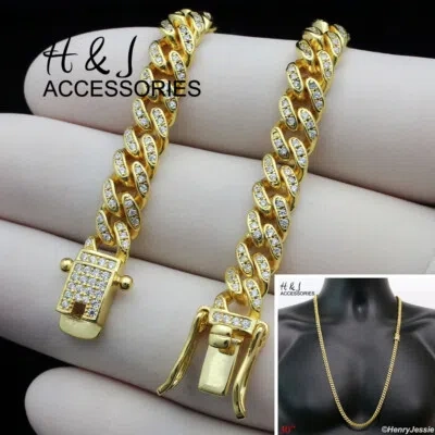 Pre-owned H&j Jewelry 30"men 925 Sterling Silver 6mm Gold Plated Icy Cz Miami Cuban Curb Necklacegn19 In White/colorless