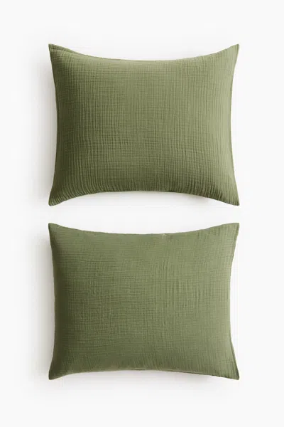 H&m 2-pack Cotton Muslin Pillowcases In Green