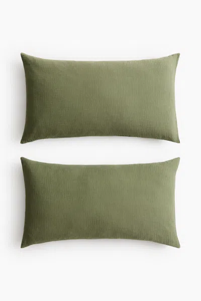 H&m 2-pack Cotton Muslin Pillowcases In Green