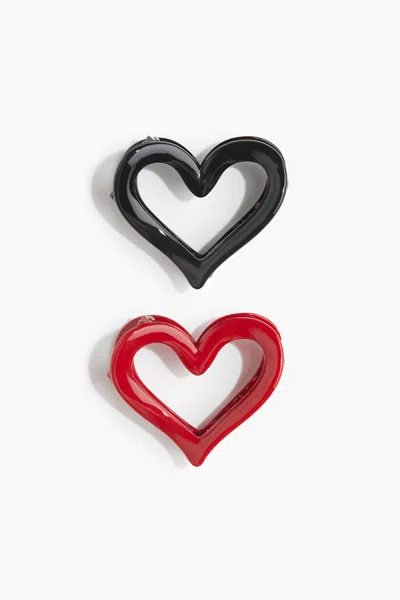 H&m 2-pack Heart-shaped Hair Claws In Red/black