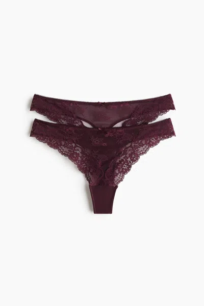 H&m 2-pack Lace Thong Briefs In Burgundy