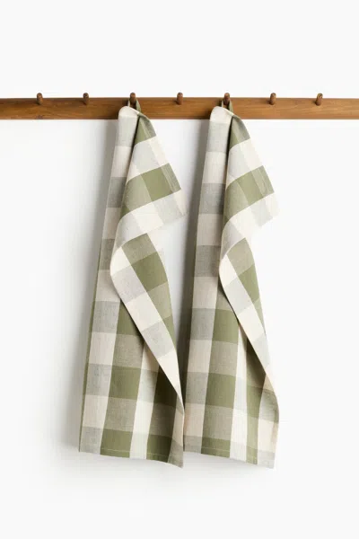 H&m 2-pack Linen-blend Tea Towels In Olive Green/gingham